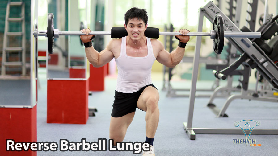 Reverse Barbell Lunge cầm tạ bước lui cắt nét cơ mông đùi hiệu quả thể hình