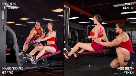 Gym nữ tâm kinh Seated Cable Row 3x10 nghỉ 1p30s