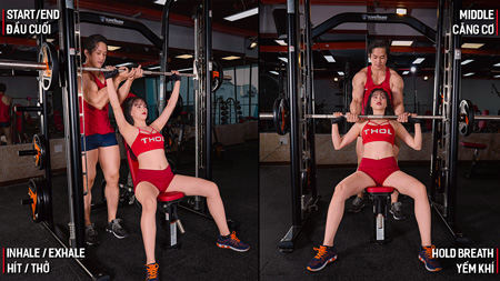 Gym nữ tâm kinh tầng 3 Smith Machine Shoulder Press 3x10 nghỉ 1p30s