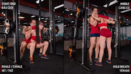 Gym nữ tâm kinh tầng 3 Smith Machine Squats 3x10 nghỉ 1p30s